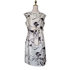 Rickie Freeman Teri Jon Silk Wool Dress Ivory Black Floral Belted Size 10 New